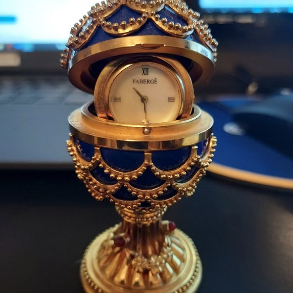 Rare French Faberge Lapis Lazuli ruby Cabochon egg with clock - Picture 1 of 3